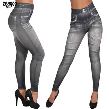 

New Fashion Women Stretch Imitation Jeans Elastic Waist Pants Floral Trousers Casual Leggings All seasons