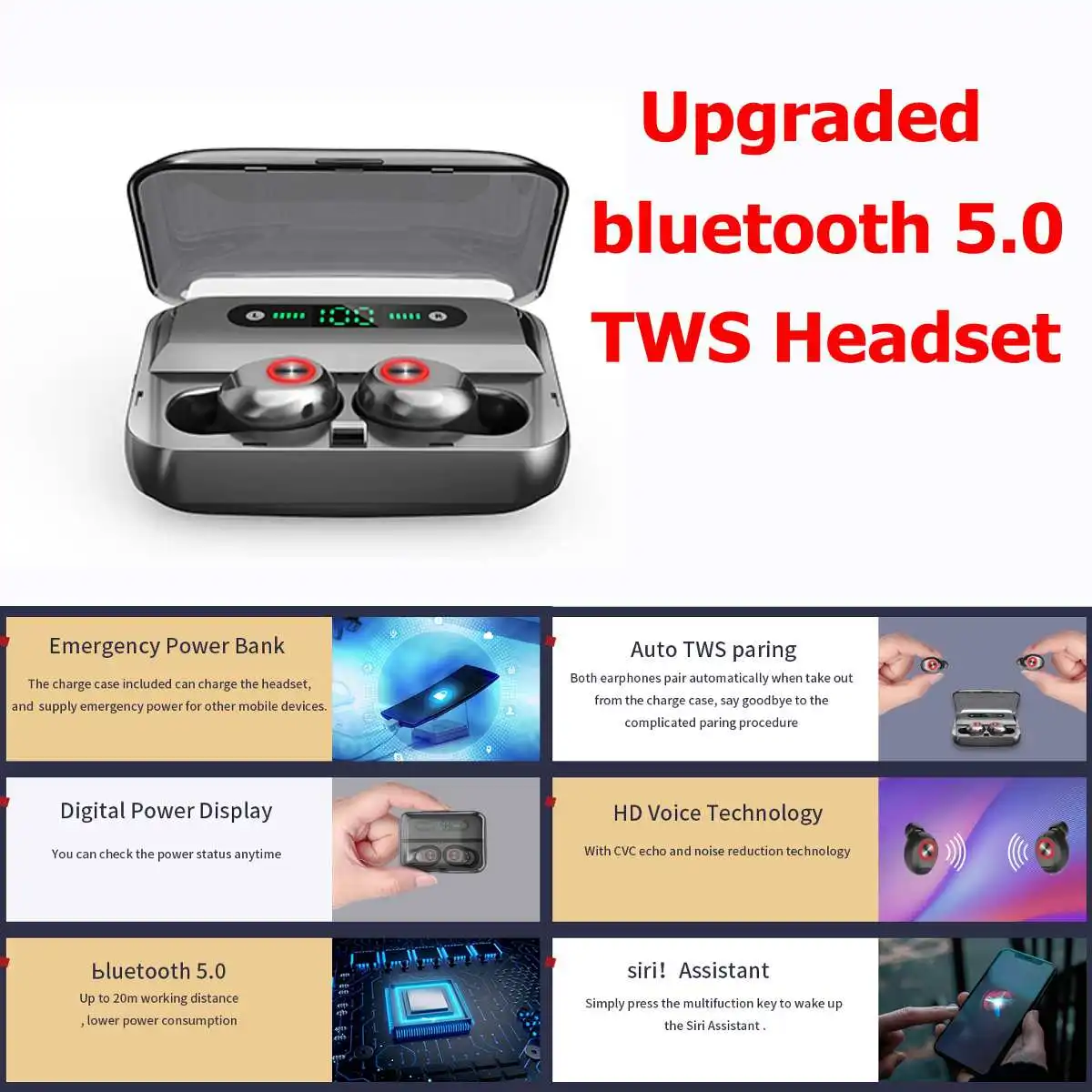 LEORY TWS bluetooth 5,0 цифровой дисплей гарнитура бинауральные звонки спортивные HiFi водонепроницаемые наушники с 2200 мАч зарядная коробка