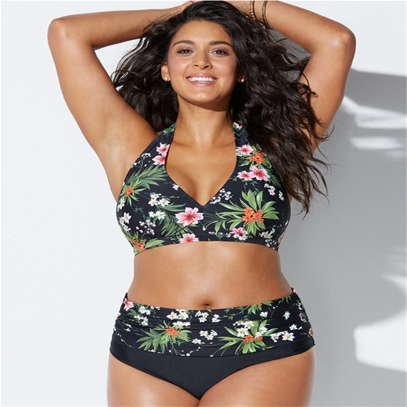 

Plus Size Sexy Swimsuit 2020 New Feminine Print Bikini Split Retro Halter Neck Cross Swimsuit High Waist Bikini Para Mujer