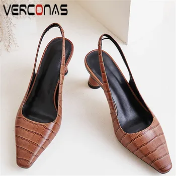 

VERCONAS 2020 Fashion Woman Sandals Woman Pumps High Quality Genuine Leather Shallow Square Toe Round High Heeled Shoes Woman