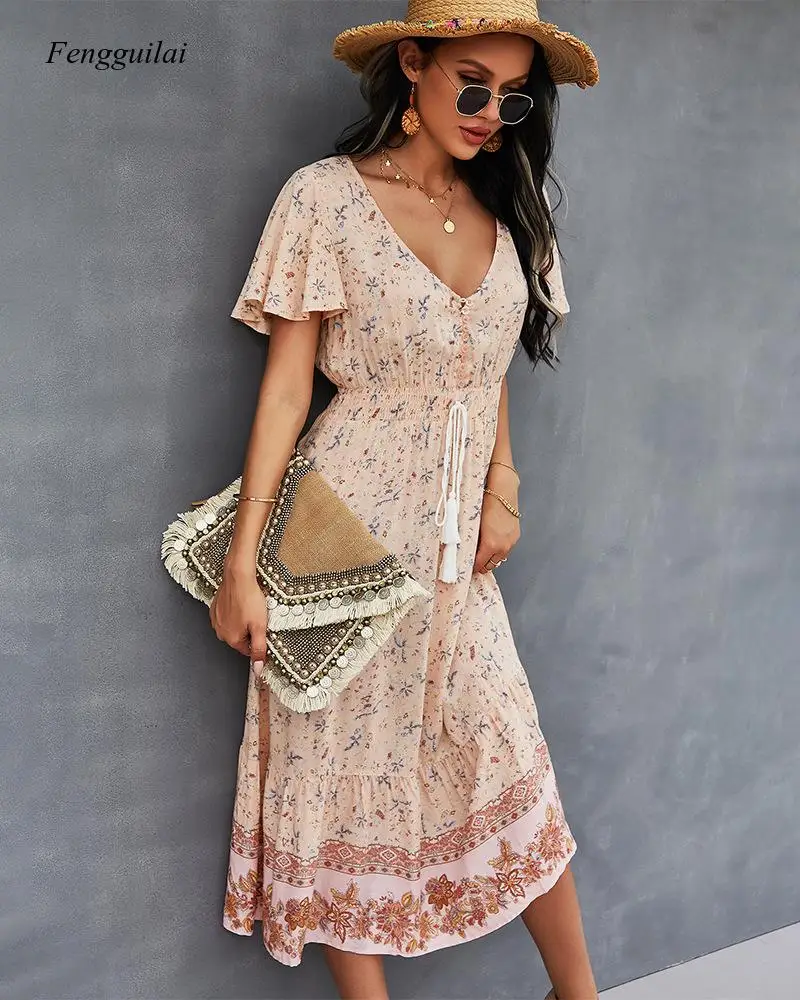 beach maxi dress with sleeves 2021 Design Australian Women's Positioning Flower Bohemian Holiday Casual Dress white beach dress long