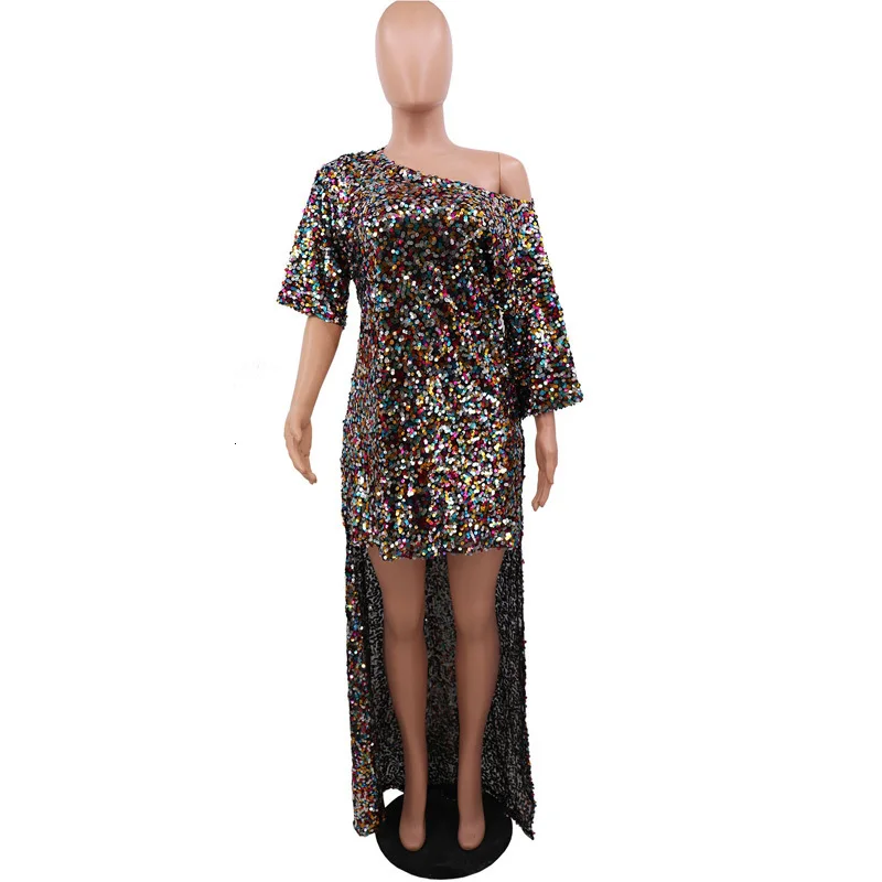 Разноцветное сексуальное асимметричное длинное платье макси с блестками, Женская Клубная одежда, свободные платья с коротким рукавом, женские вечерние платья для ночного клуба