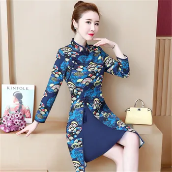 

Large size dress women 2020 spring new stand-up collar long-sleeved national style printing improved cheongsam mini dress