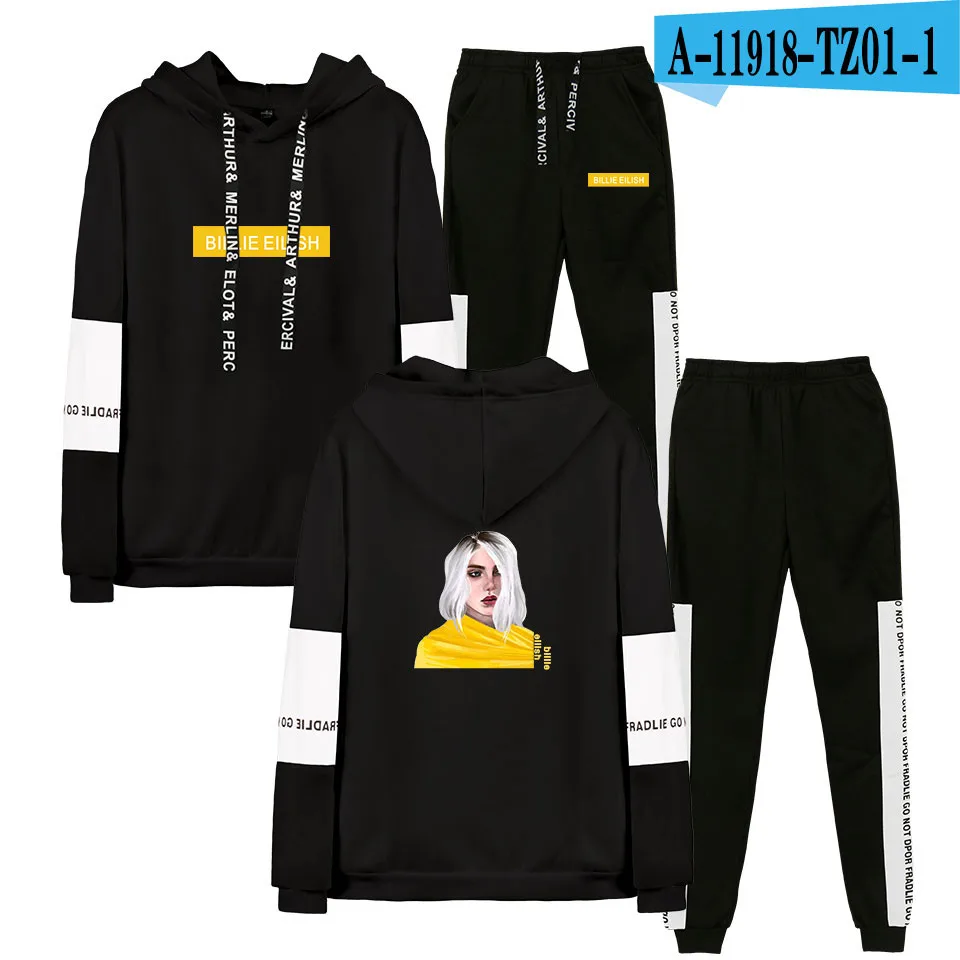 Новинка billie eilish, толстовка с капюшоном, женская модная толстовка с капюшоном, свитшоты+ спортивные штаны, костюмы, Осень-зима, теплый черный пуловер - Цвет: black