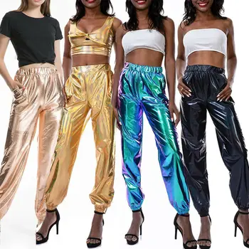 

Fashion Women's Shiny Long Pants Casual High Waist Trouser Plus Size S-2XL