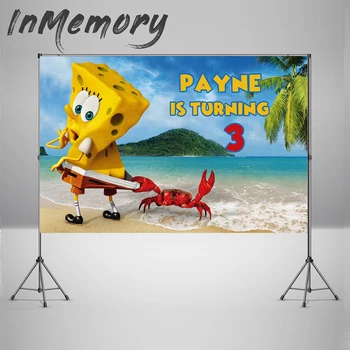 

Sponge on the Run theme Backdrop Photography Custom Name Kids Birthday Party Table Banner Background Crab Beach Photo Studio