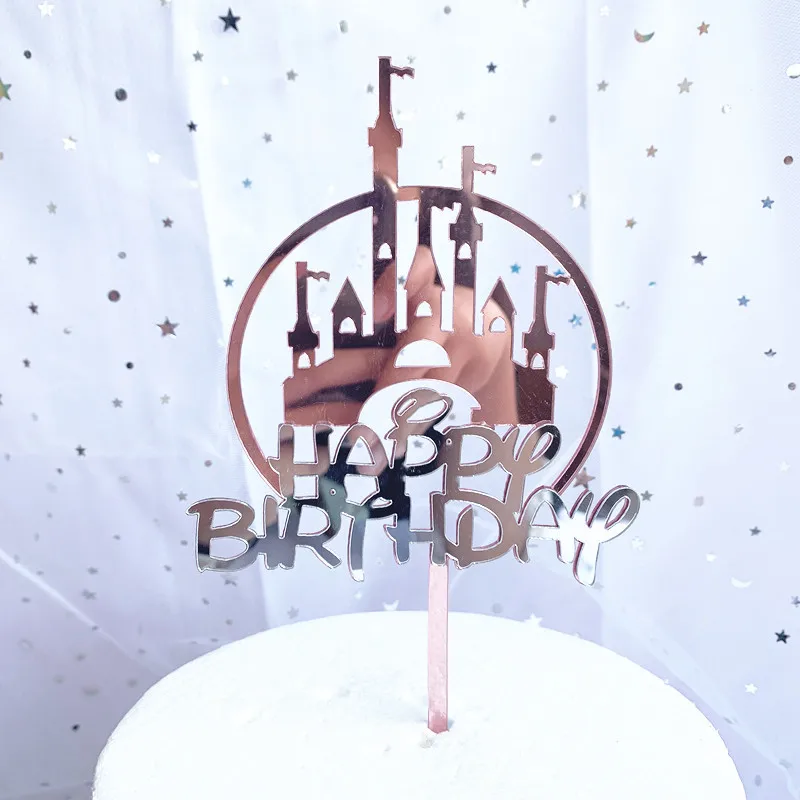 С днем рождения акриловый торт топпер серебряный розовый замок кекс топпер для детей день рождения торта украшения детский душ
