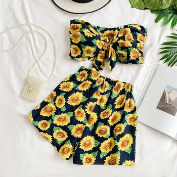 

Fashion Suit Sun Flower Knotted Short Waist Open Tube Top + High Waist Shorts Vacation Two-piece Women Two Piece Set Top Pants