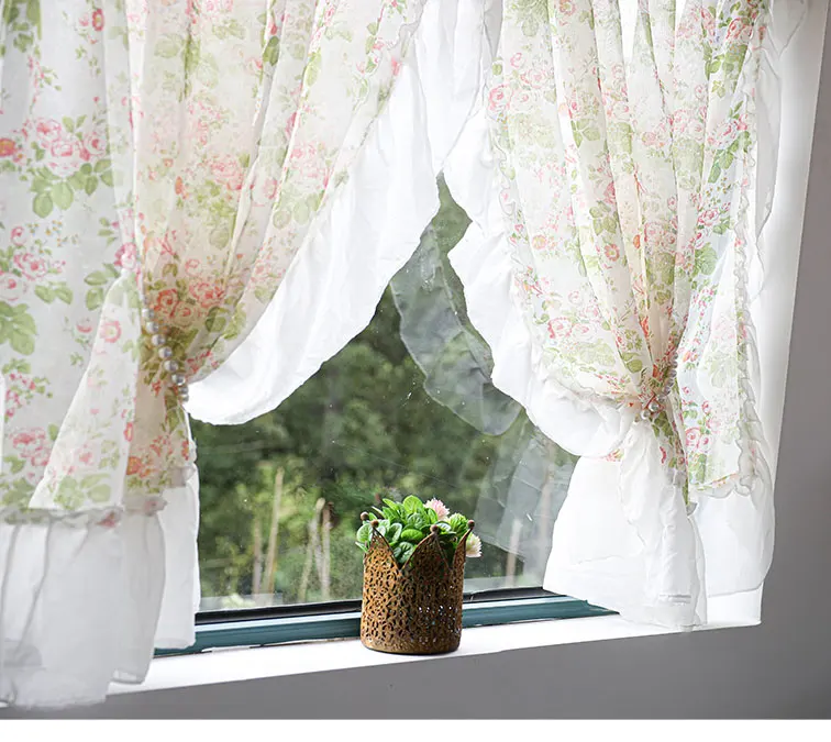 pastoral voile cortinas para sala de estar quarto floral curto sheer cortina para cozinha porta do banheiro meia cortina decoração da janela