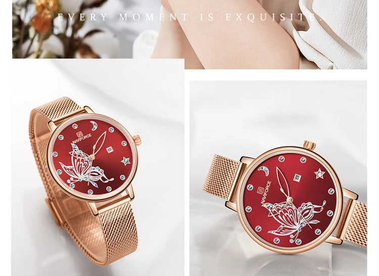 NAVIFORCE дизайн красивые часы с бабочками Дата кварцевые часы Женская мода браслет наручные часы женские часы подарок