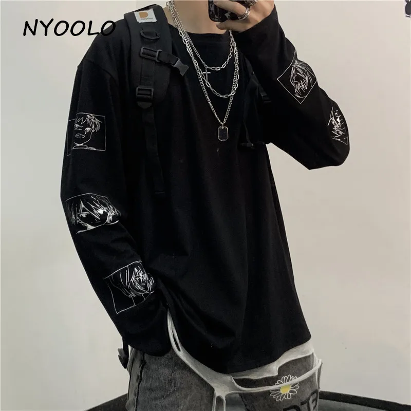 NYOOLO Harajuku стиль простой дизайн аниме персонаж печатных футболка Топы осень уличная одежда с длинным рукавом o-образным вырезом Футболка женская мужская одежда