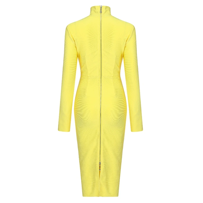 Шикарное осенне-зимнее желтое Бандажное платье до середины икры на молнии с длинными рукавами и круглым вырезом однотонное облегающее платье для вечеринок хорошее качество