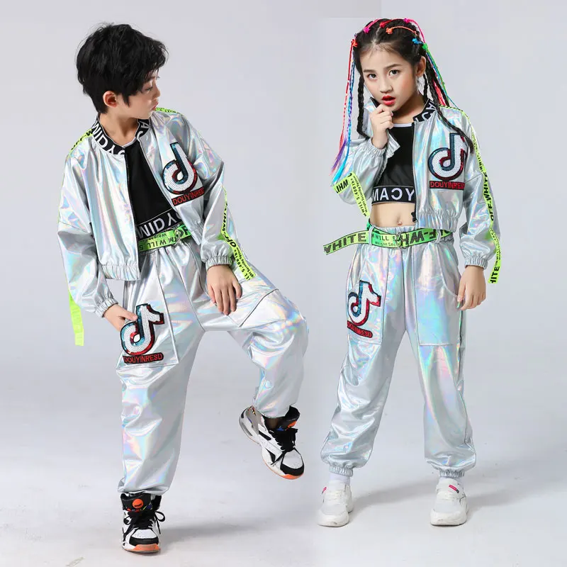 2021 enfants Performance vêtements garçons Hip-hop ensemble fille couleur argent Jazz danse Costume passerelle danse Costume Cool Rave tenues