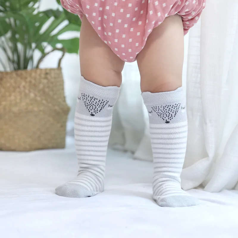 Newborn baby cotton socks baby boy girl non-slip cartoon mid-tube floor socks toddler leg warmers leg warmers girls - Цвет: GreyStripe