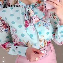 Для женщин с вырезом в горошек Цветочный принт Повседневное рубашки женские Блузка с длинными рукавами Топы