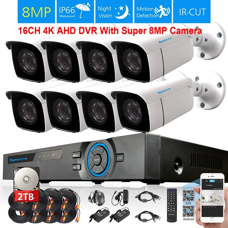 16CH DVR x 8 Camera TOPROHOIME h.265+ 1CH 4K Ultra HD 8MP камера безопасности комплект 1/3 SONY Водонепроницаемая камера ночного видения cctv система видеонаблюдения - Цвет: 16CH DVR x 8 Camera