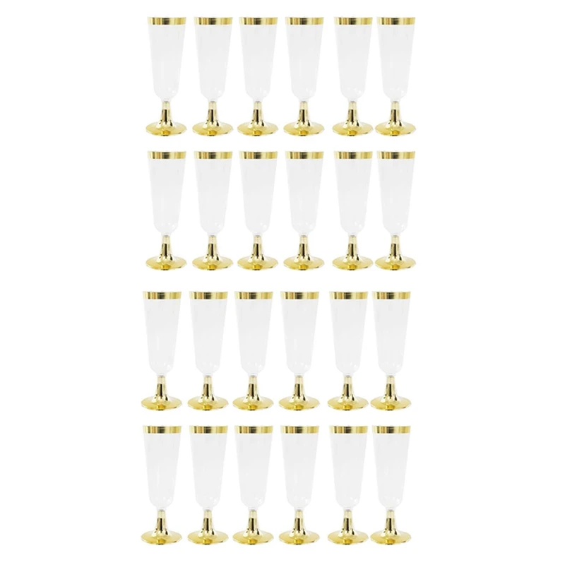 24Pcs 150 Ml Plastic Gold Rimmed Clear Hard Disposable Party Wedding Cups Premium Fancy Champagne Glasses Flutes | Дом и сад