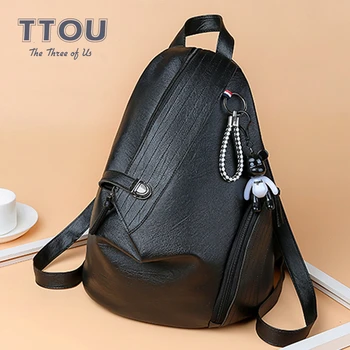 

TTOU Fashion Women Retro PU Leather Small Backpack For Teenage Girls Bear Pendant Black Travel Bags Shopping Backpack Gifts