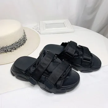 

Ladies slippers thick bottom Velcro sports sandals flat black and white canvas slippers ladies shoes summer women shoes