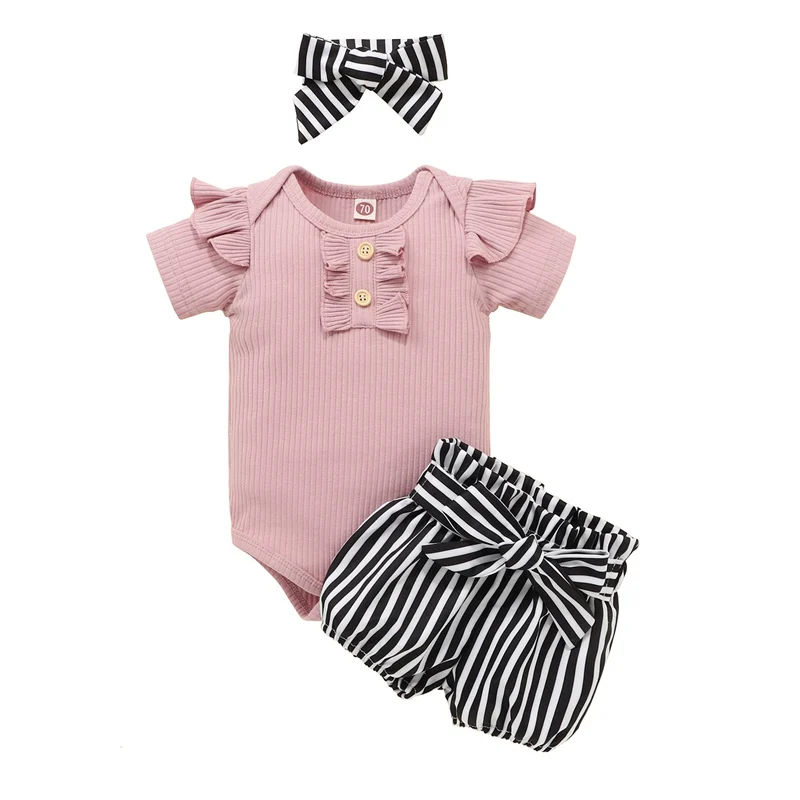 Newborn Baby Girls Outfits Clothes Cotton Solid Romper Jumpsuit + Denim Shorts+Headband Sweet Set Summer New23 baby floral clothing set Baby Clothing Set