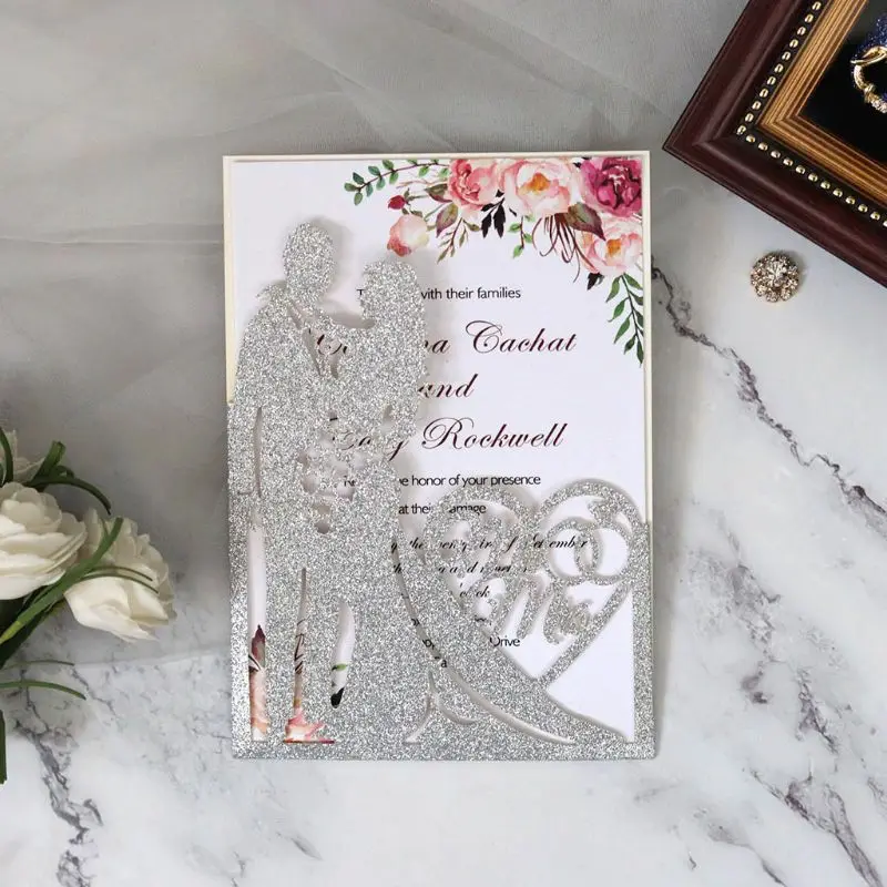  10pcs/set Glitter Laser Cut Mr & Mrs Wedding Invitations Card Party Supplies - 4.00027E+12