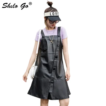 

Genuine Leather Dress Elegant Button Front Fit And Flare Spaghetti Strap Dress Women Autumn Solid Ruffles Hem Sleeveless Dresses
