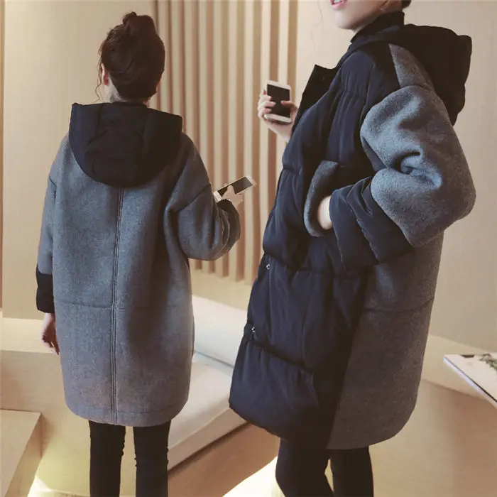Зимнее шерстяное пальто для беременных, плотная Корейская повседневная куртка, свободный для беременных, длинная хлопковая стеганая куртка f1871