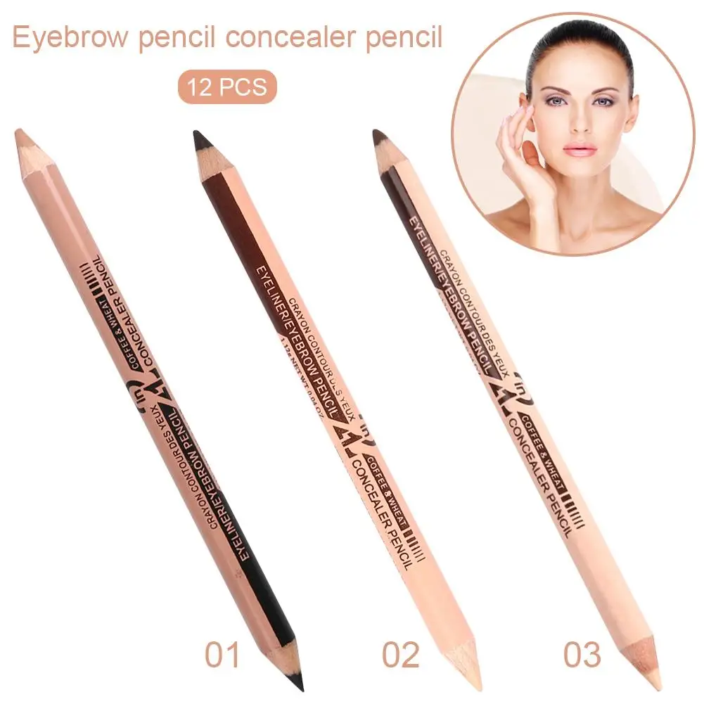 New Hot 12pcs/lot Waterproof Longlasting Cosmetic 2 In 1 Pencil Makeup Concealer+Eyebrow Pencil Two-head Pencils Manufacturer