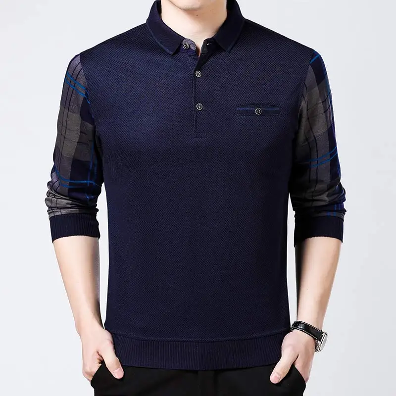Синий brand casual luxury fitness long sleeve polo shirt men poloshirt jersey plaid mens polos tee shirts dress fashions 02152 - Цвет: Синий