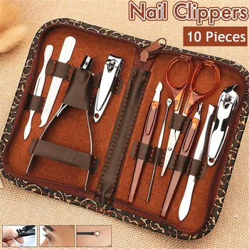 

10Pcs Stainless Steel Nail Clippers Set with PU Leather Case, Manicure Pedicure Kit, , Professional Grooming Kit Nail Tools