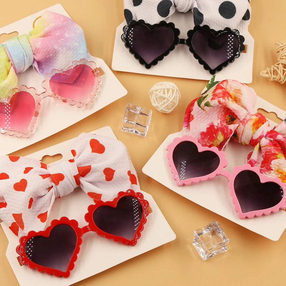 2Pcs/Set Leopard Dot Flower Print Headband Elastic Nylon Hair Band Heart Sunglasses Mental Eyeglasses Baby Boy Girls Headwear hair accessories hair bands hair headband accessories baby headband set child glasses