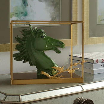 

Retro Green Horse Head Ornaments With Gold Metal Frame Modern Animal Statue Art Decor Crafts For Home Living Room Desktop Gifts