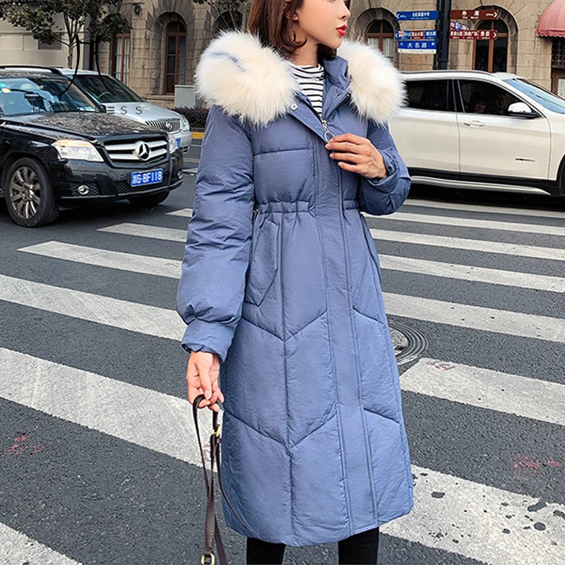 Heydress зима с капюшоном женское повседневное пуховое пальто Дамский меховой воротник молнии длинное пуховое пальто женский теплый soild пуховик
