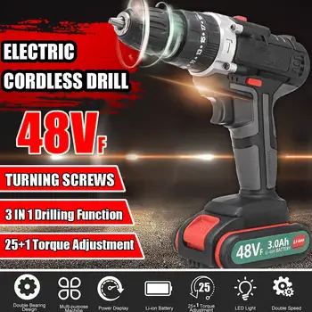 

48VF 2-Speed Cordless Electric Screwdriver 3 In 1 Impact Drill 25+1 Torque Tool Rechargeable Battery Electric Drill DIY Tools