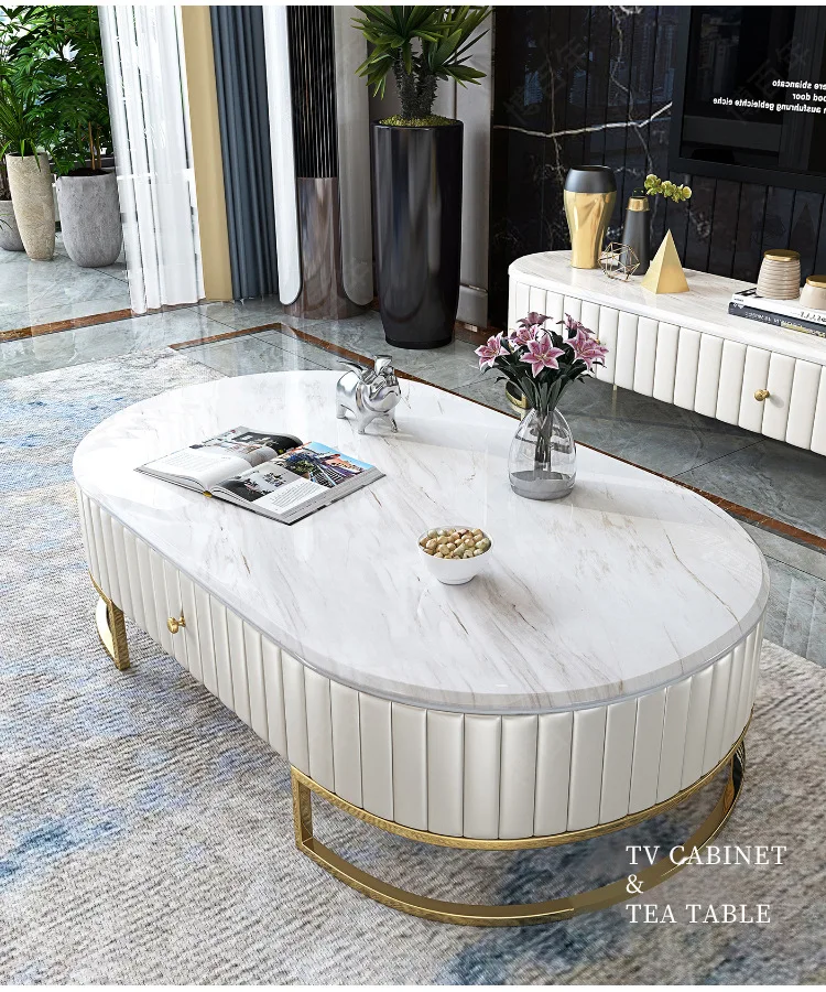 tea table bluek/white Living Room TV monitor stand mueble marble leather oval edge cabinet +tv stand table+Coffee centro Table