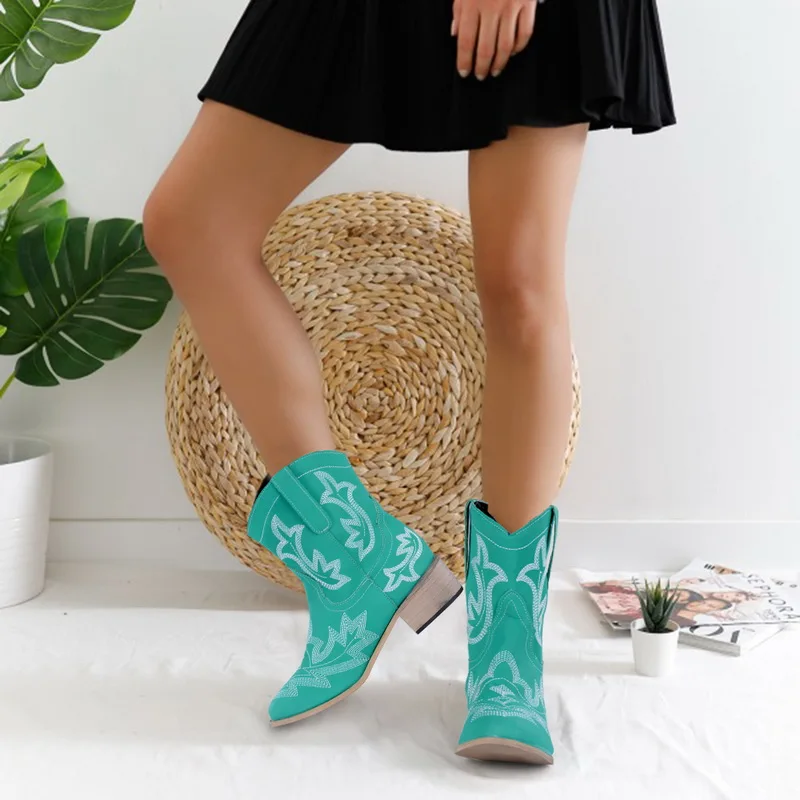 Женские ковбойские ботильоны из искусственной кожи с вышивкой; botas mujer; ботинки на танкетке и высоком каблуке; женские ковбойские ботинки ручной работы в западном стиле;