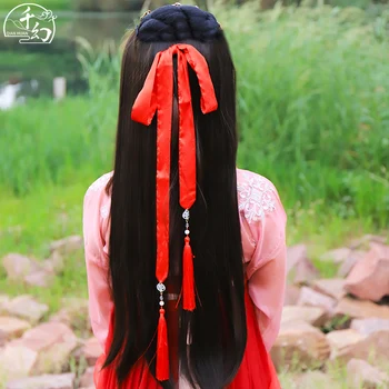

Antique hanfu headdress ribbon headband with female hair rope red and blue ribbon head rope super fairy tassel hair accessories
