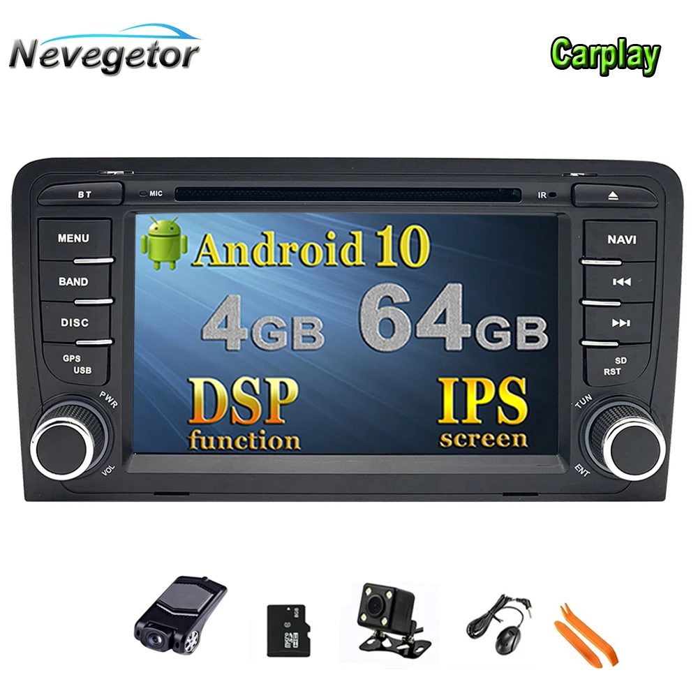 Автомобильный DVD-плеер IPS DSP 4 Гб 64 ГБ Android 10 GPS для Audi A3 8P 2003-2012 S3 2006-2012 RS3 Sportback 2011