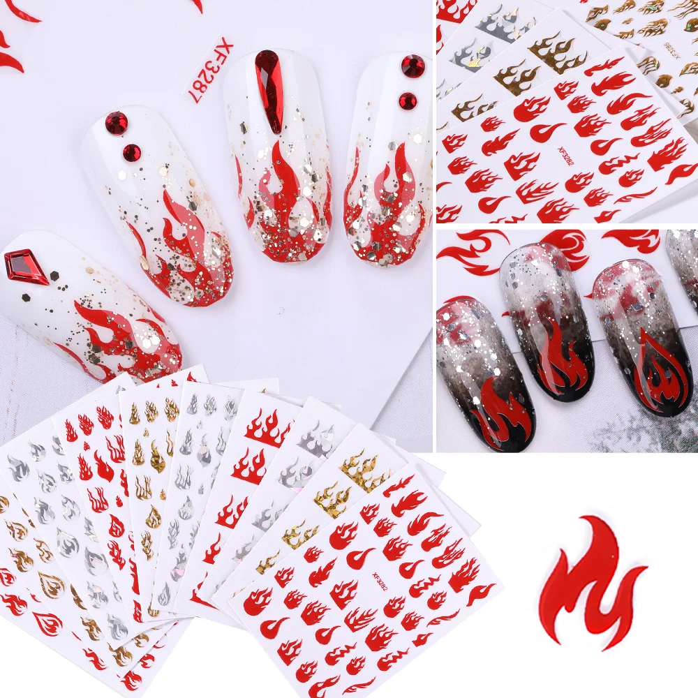 

Flame Stickers On Nails Colorful 3D Fire Design Nail Art Transfer Sticker Water Slide Nail Art Decals Decorations For Nail Art