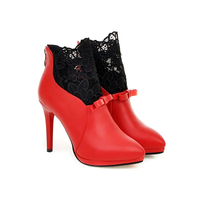 Red Fur Lining Meotina/женские ботинки; зимние белые ботильоны с бантом; ботинки на высоком каблуке со шнуровкой; обувь на платформе с острым носком на молнии; женская обувь; коллекция года; цвет белый, красный - Цвет: Red Fur Lining