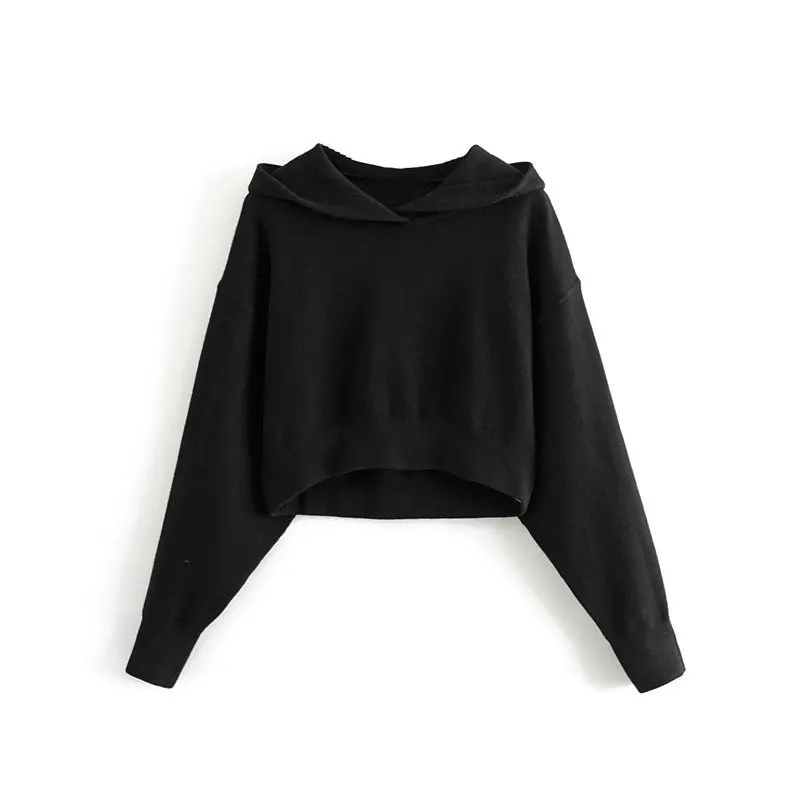 Tangada женский однотонный вязаный свитер с капюшоном на осень зиму с длинным рукавом женские пуловеры женские короткие Стильные топы 3H299 - Цвет: Черный