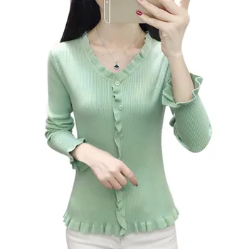 

Women Wooden Ear Knitted Solid Color V-neck Short Sweater Long-sleeved Shirt