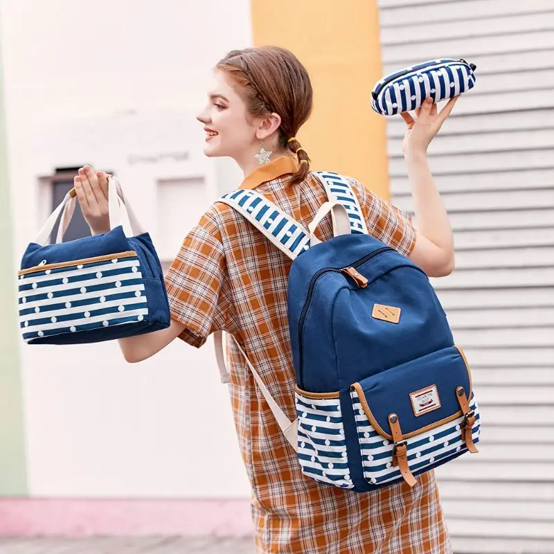 2pcs Canvas School Backpack with USB Charging Port Laptop Daypack Schoolbag Bookbag Pencil Case Set for Teenage Women Girls