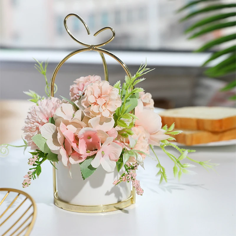 

artificial gold metal potted hydrangea flowers silk daisy flower in ceramic bonsai wedding centerpieces home decoration H0109