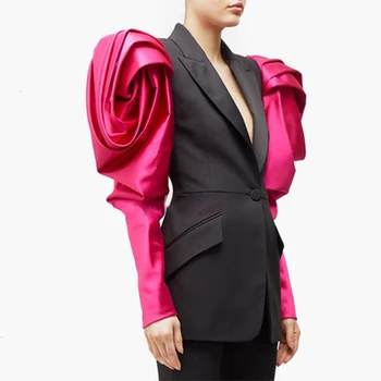 

Hit Color Ruched Patchwork Puff Sleeve Blazer for Women with One Button Women Suit 2019 Autumn Fashion New