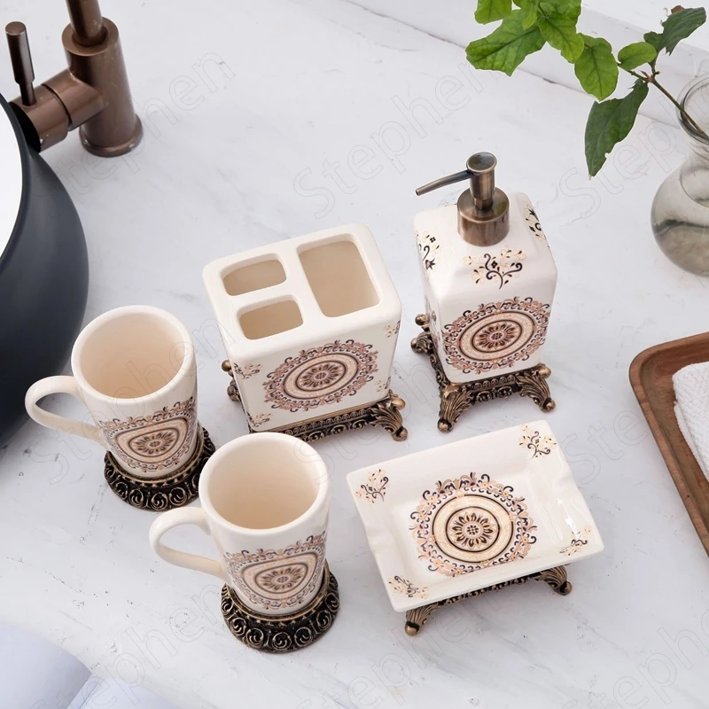 Classical Painted Ceramic Bathroom Decoration Accessories European Vintage Home Resin Relief Base Five-piece Shower Accessories