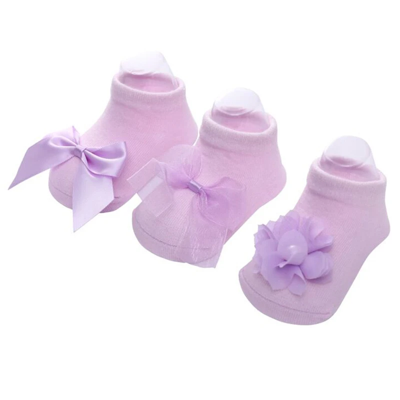 Purple Носки для малышей, 3 пар/лот, нескользящие носки для новорожденных милые детские носки принцессы с бантиком из шелковой пряжи, хлопковые нескользящие носки-Тапочки - Цвет: Purple