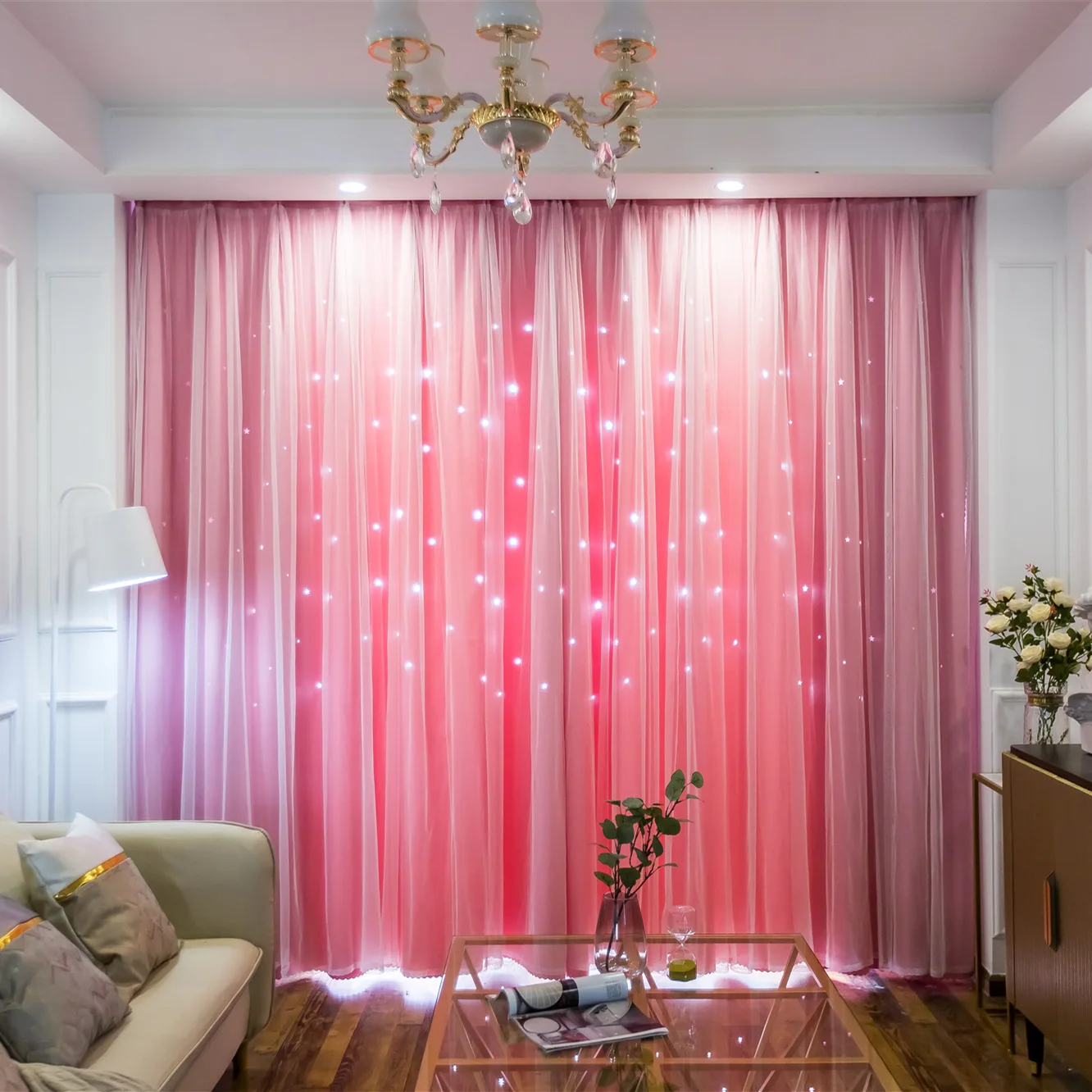 

Princess Style Blackout Curtains for Bedroom Girls Window Treatments Kids Room Darkening Cute Star Cutout Curtains Pink Gradient