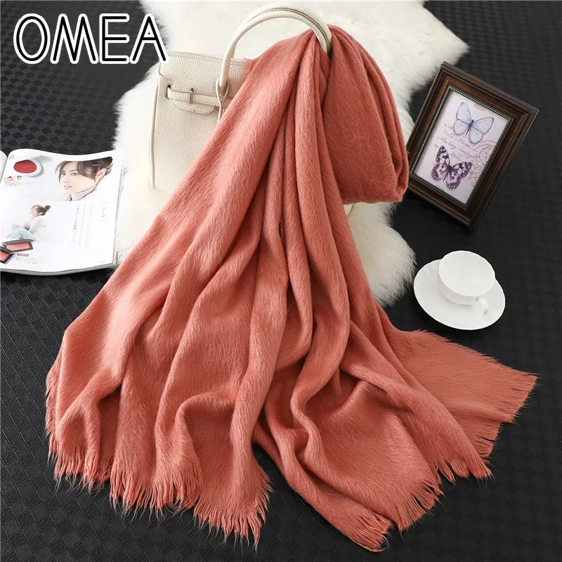 OMEA,, шарф из искусственного меха норки, женские зимние аксессуары, толстый норковый кашемировый шарф, одноцветная шерстяная шаль, шарф, роскошный бренд