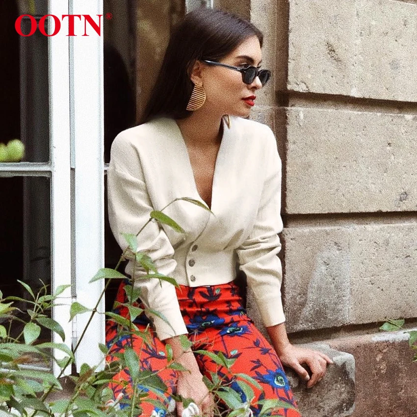 OOTN сексуальный короткий топ с глубоким v-образным вырезом, Женская Офисная рубашка, однобортная женская блузка с длинным рукавом, осенне-зимняя туника, женская бежевая